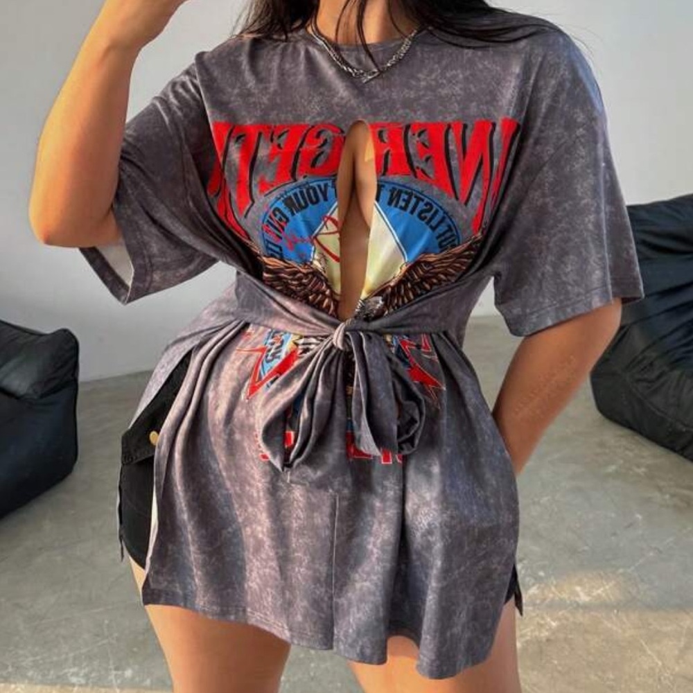 SHEIN Charcoal Graphic Tie-Front Cut Out Tee